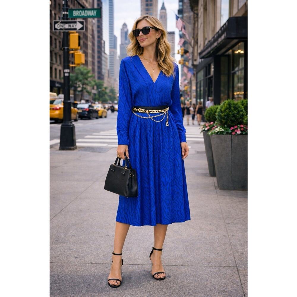 Argenti Vintage Silk Midi Dress Blue Long Sleeve Draped Waist Quiet Luxury Sz 8